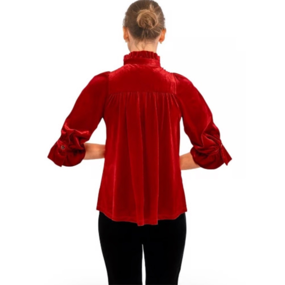 Gretchen Scott Designs Velvet Red Ruffled Blouse Size Small - Picture 2 of 7